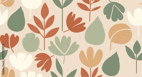 Minimal retro floral wallpaper inspired by Scandinavian style featuring geometric flower silhouettes and soft earthy tones. Flat solid vector shapes, seamless repeat, ideal for interior and textile