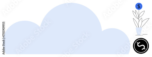 Large cloud in center, coin plant growing with dollar sign emphasizing financial growth and sustainability. Ideal for investment, finance, savings, economic planning, technology, cloud computing