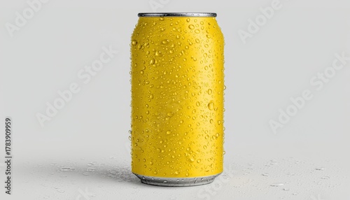 Yellow Aluminum Can With Water Drop On White Background, Image With Clipping Path For Easy Editing. Contains A Clipping Path For Easy Manipulation.