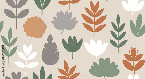 Minimal retro floral wallpaper inspired by Scandinavian style featuring geometric flower silhouettes and soft earthy tones. Flat solid vector shapes, seamless repeat, ideal for interior and textile