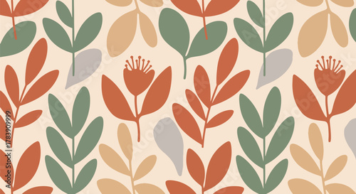 Minimal retro floral wallpaper inspired by Scandinavian style featuring geometric flower silhouettes and soft earthy tones. Flat solid vector shapes, seamless repeat, ideal for interior and textile