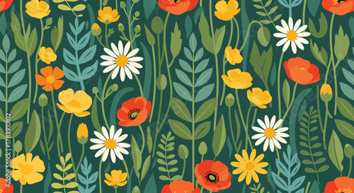 Dense wallpaper of meadow florals and tall thin leaves covering the surface edge to edge. Flat solid color palette with warm retro tones, seamless repeat ideal for wrapping paper and textiles
