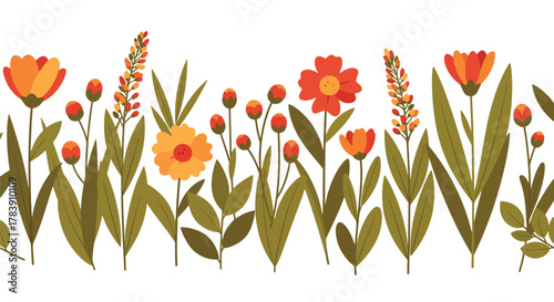 Dense wallpaper of meadow florals and tall thin leaves covering the surface edge to edge. Flat solid color palette with warm retro tones, seamless repeat ideal for wrapping paper and textiles