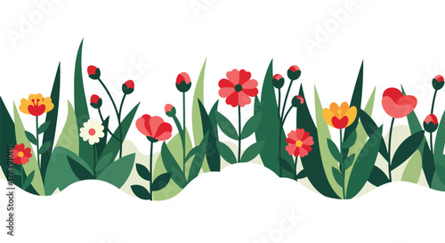 Dense wallpaper of meadow florals and tall thin leaves covering the surface edge to edge. Flat solid color palette with warm retro tones, seamless repeat ideal for wrapping paper and textiles