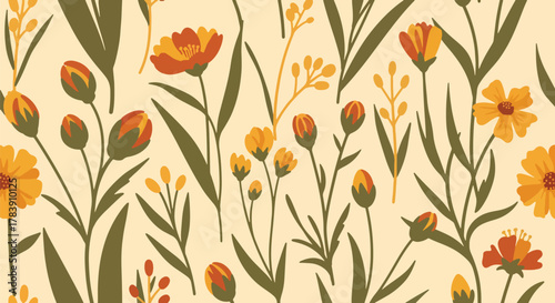 Dense wallpaper of meadow florals and tall thin leaves covering the surface edge to edge. Flat solid color palette with warm retro tones, seamless repeat ideal for wrapping paper and textiles