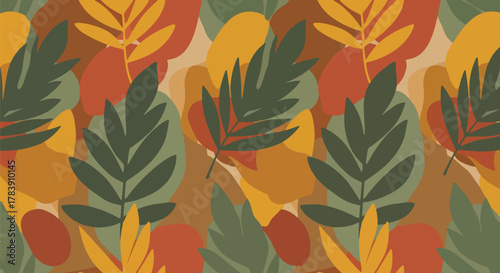 Retro floral camouflage pattern created from overlapping flowers, vines, and leaves. Solid earthy color palette, seamless flat vector wallpaper perfect for bold interior walls and fabric applications