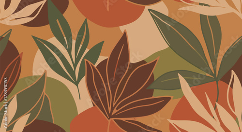 Retro floral camouflage pattern created from overlapping flowers, vines, and leaves. Solid earthy color palette, seamless flat vector wallpaper perfect for bold interior walls and fabric applications