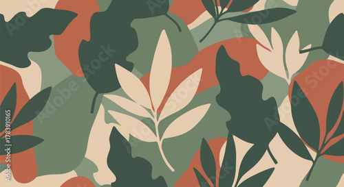 Retro floral camouflage pattern created from overlapping flowers, vines, and leaves. Solid earthy color palette, seamless flat vector wallpaper perfect for bold interior walls and fabric applications