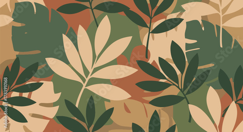 Retro floral camouflage pattern created from overlapping flowers, vines, and leaves. Solid earthy color palette, seamless flat vector wallpaper perfect for bold interior walls and fabric applications