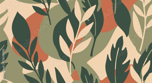 Retro floral camouflage pattern created from overlapping flowers, vines, and leaves. Solid earthy color palette, seamless flat vector wallpaper perfect for bold interior walls and fabric applications