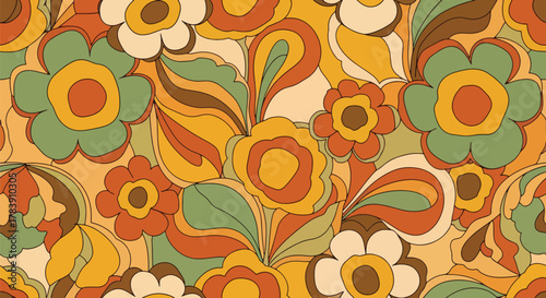 Rounded petals and soft curved stems in a 1970s-inspired floral wallpaper. Solid flat earthy tones, seamless repeat ideal for fashion prints, stationery, upholstery, and retro packaging
