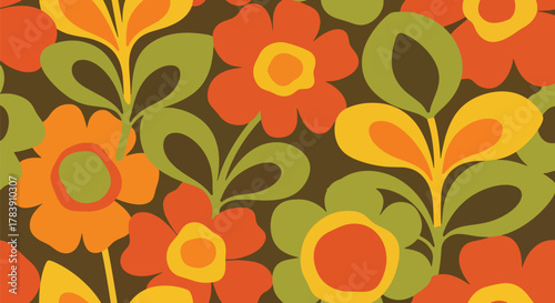 Rounded petals and soft curved stems in a 1970s-inspired floral wallpaper. Solid flat earthy tones, seamless repeat ideal for fashion prints, stationery, upholstery, and retro packaging