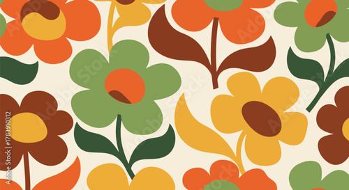 Rounded petals and soft curved stems in a 1970s-inspired floral wallpaper. Solid flat earthy tones, seamless repeat ideal for fashion prints, stationery, upholstery, and retro packaging