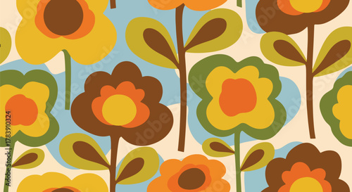 Rounded petals and soft curved stems in a 1970s-inspired floral wallpaper. Solid flat earthy tones, seamless repeat ideal for fashion prints, stationery, upholstery, and retro packaging