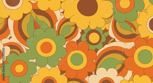 Rounded petals and soft curved stems in a 1970s-inspired floral wallpaper. Solid flat earthy tones, seamless repeat ideal for fashion prints, stationery, upholstery, and retro packaging