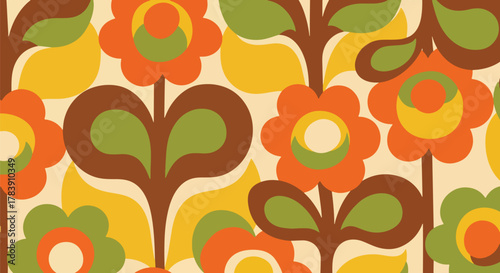 Rounded petals and soft curved stems in a 1970s-inspired floral wallpaper. Solid flat earthy tones, seamless repeat ideal for fashion prints, stationery, upholstery, and retro packaging