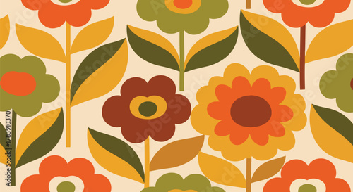 Rounded petals and soft curved stems in a 1970s-inspired floral wallpaper. Solid flat earthy tones, seamless repeat ideal for fashion prints, stationery, upholstery, and retro packaging