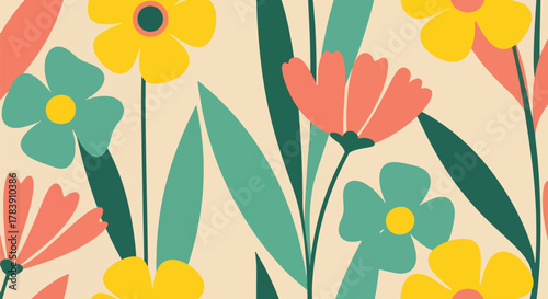 Repeating wallpaper of rounded petals and small scattered leaves, minimal structure with full visual coverage. Solid flat retro colors, seamless pattern ideal for fabric and stationery products