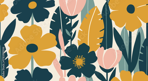 Repeating wallpaper of rounded petals and small scattered leaves, minimal structure with full visual coverage. Solid flat retro colors, seamless pattern ideal for fabric and stationery products