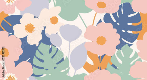 Repeating wallpaper of rounded petals and small scattered leaves, minimal structure with full visual coverage. Solid flat retro colors, seamless pattern ideal for fabric and stationery products