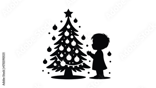 A silhouette of a child standing next to a decorated christmas tree with ornaments and a star on top celebrating the holiday season silhouette