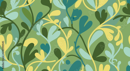 Stylized mid-century floral shapes complemented by simplified leaf. Solid flat vector colors, seamless repeat ideal for wallpapers, product packaging, and home decor surfaces