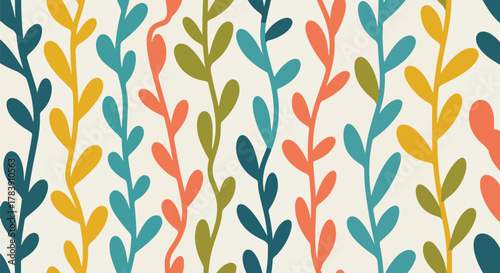 Stylized mid-century floral shapes complemented by simplified leaf. Solid flat vector colors, seamless repeat ideal for wallpapers, product packaging, and home decor surfaces