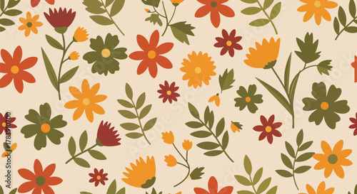 Floral wallpaper with fall-inspired terracotta, mustard, and clay tones. Solid flat vector shapes, seamless repeat, ideal for seasonal packaging, fabric production, and retro-inspired branding