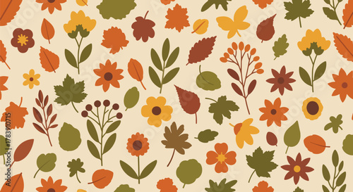 Floral wallpaper with fall-inspired terracotta, mustard, and clay tones. Solid flat vector shapes, seamless repeat, ideal for seasonal packaging, fabric production, and retro-inspired branding