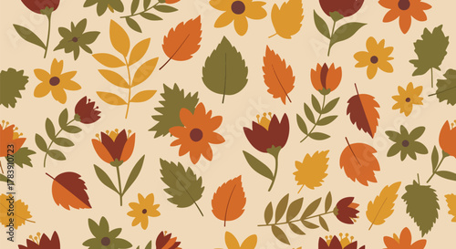 Floral wallpaper with fall-inspired terracotta, mustard, and clay tones. Solid flat vector shapes, seamless repeat, ideal for seasonal packaging, fabric production, and retro-inspired branding