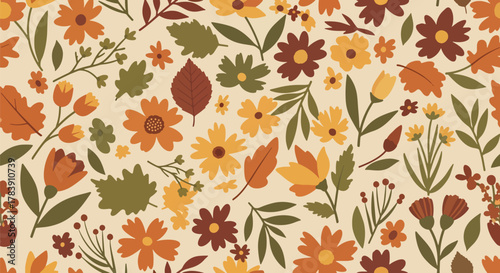 Floral wallpaper with fall-inspired terracotta, mustard, and clay tones. Solid flat vector shapes, seamless repeat, ideal for seasonal packaging, fabric production, and retro-inspired branding
