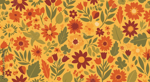 Floral wallpaper with fall-inspired terracotta, mustard, and clay tones. Solid flat vector shapes, seamless repeat, ideal for seasonal packaging, fabric production, and retro-inspired branding