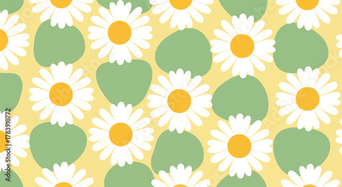 Repeating wallpaper of stylized daisies with thick petals, paired with leaf blocks in warm earth tones. Flat solid fills, seamless repeat perfect for textiles and decorative packaging