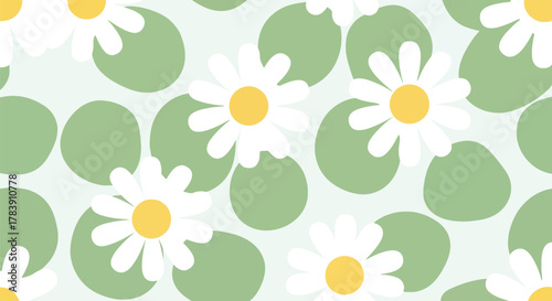 Repeating wallpaper of stylized daisies with thick petals, paired with leaf blocks in warm earth tones. Flat solid fills, seamless repeat perfect for textiles and decorative packaging