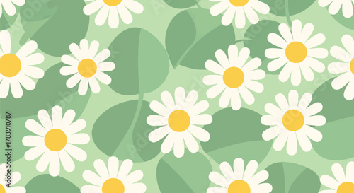 Repeating wallpaper of stylized daisies with thick petals, paired with leaf blocks in warm earth tones. Flat solid fills, seamless repeat perfect for textiles and decorative packaging