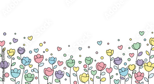 Seamless kawaii floral wallpaper featuring chubby flowers, rounded petals, tiny sparkles and playful leaves in pastel flat solid colors. Cute repeating botanical pattern, ideal for children and statio