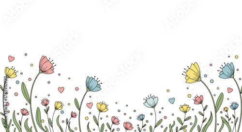 Seamless kawaii floral wallpaper featuring chubby flowers, rounded petals, tiny sparkles and playful leaves in pastel flat solid colors. Cute repeating botanical pattern, ideal for children and statio