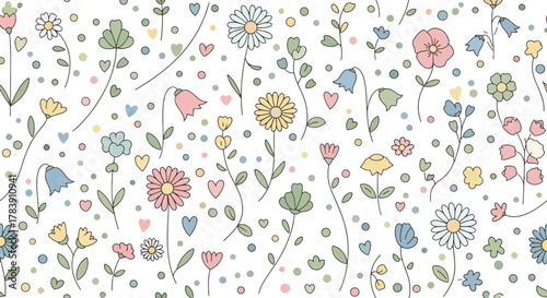 Seamless kawaii floral wallpaper featuring chubby flowers, rounded petals, tiny sparkles and playful leaves in pastel flat solid colors. Cute repeating botanical pattern, ideal for children and statio