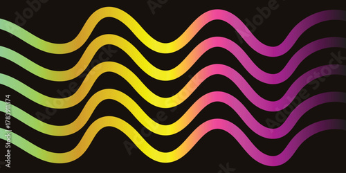 Abstract wavy lines with a vibrant gradient from green to purple on a dark background