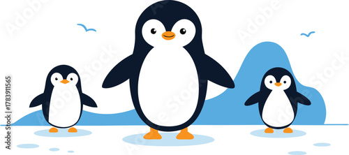 Three adorable cartoon penguins standing together on an icy landscape with icebergs and birds in the background