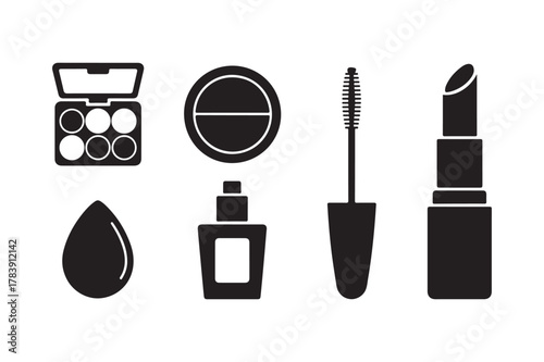 Collection of black and white makeup icons on a white background