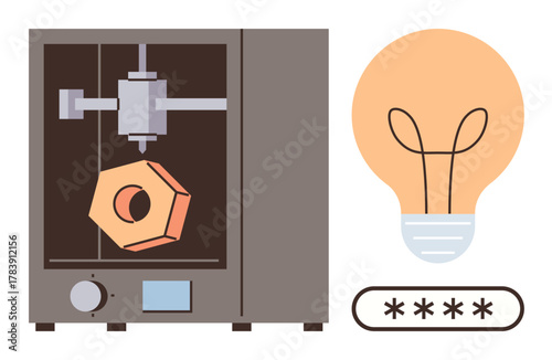 3D printer producing geometric object while lightbulb represents innovation and password hints at security. Ideal for technology, prototyping, innovation, creativity, design, security, futuristic