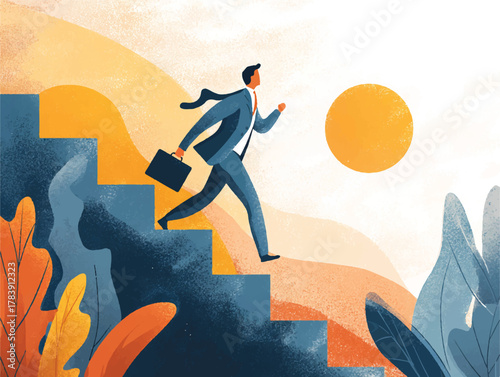 Businessman Climbing Stairs Towards Success Career Opportunity and Future Growth