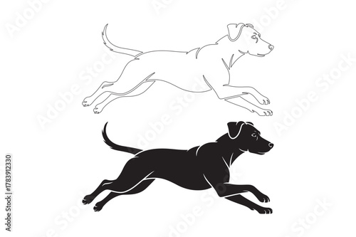 Black dog silhouette and line drawing running in motion