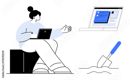 Woman with a laptop gestures toward an open screen with data and a shovel nearby symbolizing effort and discovery. Ideal for technology, communication, problem-solving, productivity, analysis