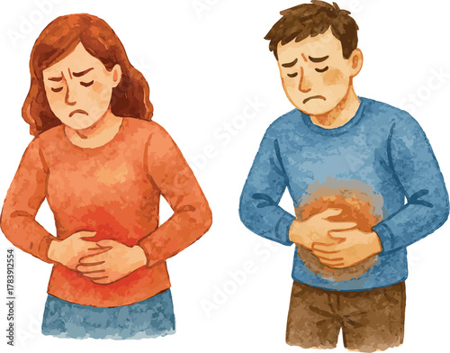 Vector watercolor illustrations of a man and a woman having a stomach ache