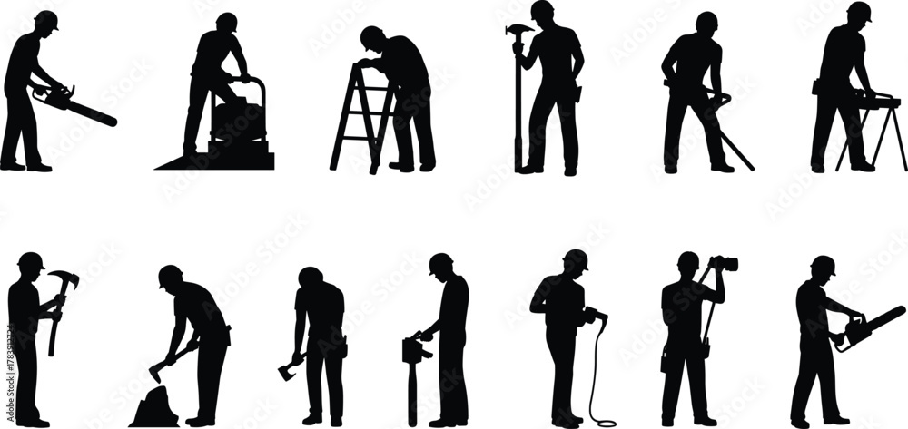 Obraz premium Construction worker silhouettes, tool usage icons, black vector set, manual labor poses, repair and maintenance graphics, job site illustration pack