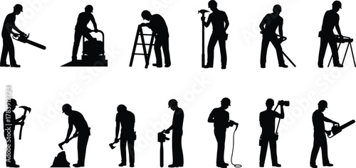 Construction worker silhouettes, tool usage icons, black vector set, manual labor poses, repair and maintenance graphics, job site illustration pack