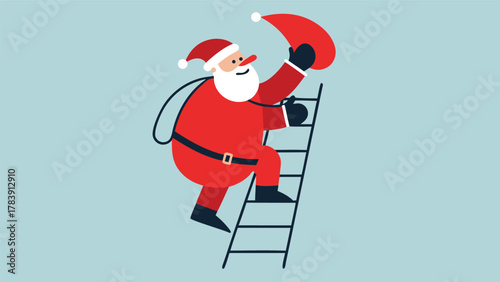 Santa claus climbing a ladder to place his hat on the roof for christmas celebration