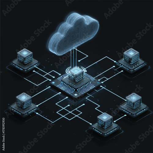 Cloud computing network data storage isometric servers glowing connections illustration